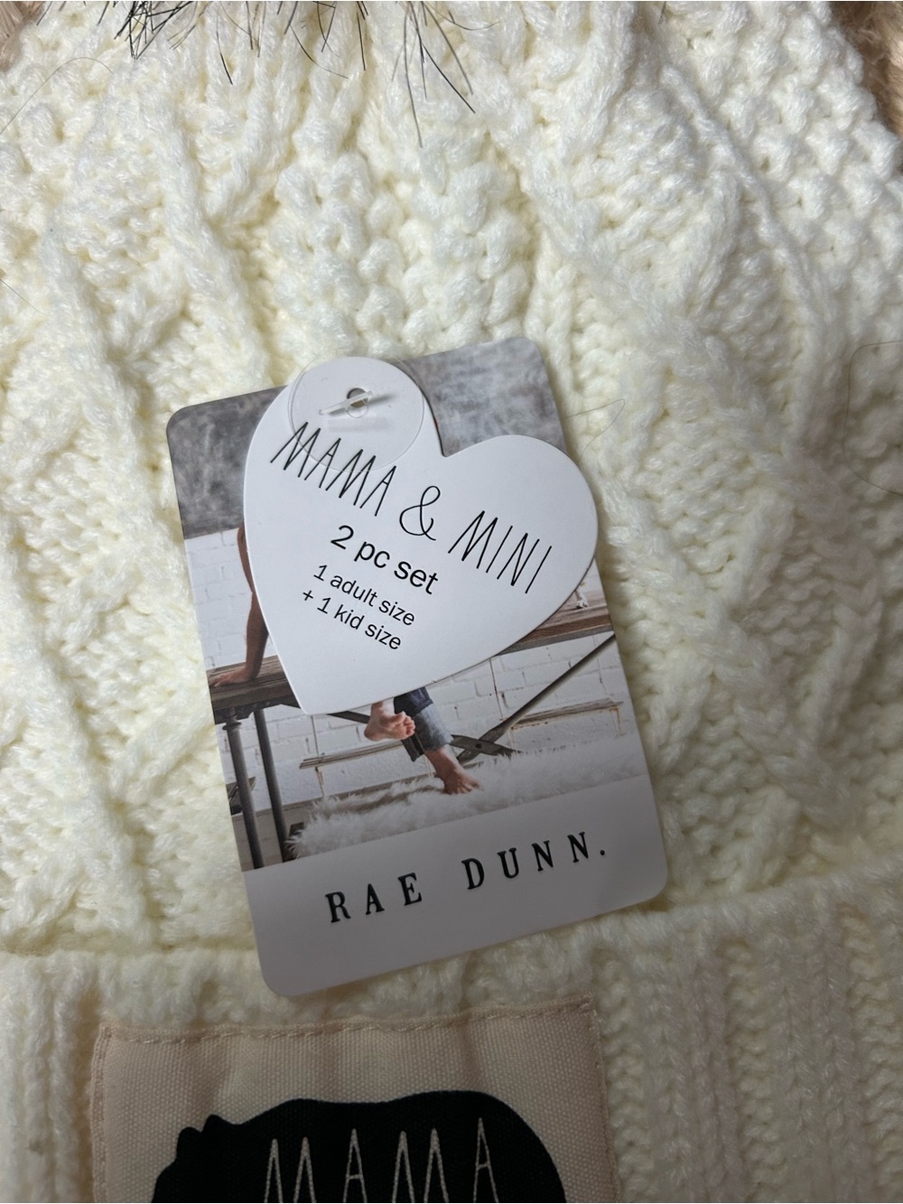 Rae Dunn Cream Cable Knit Mama & Mini Beanie Set with Brown Faux Fur Poms - Picture 5 of 5